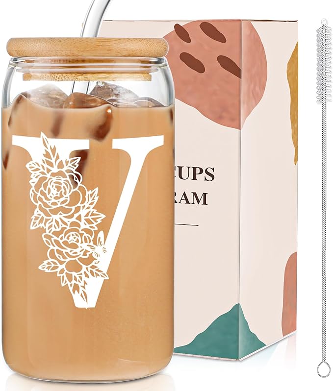 DWTS DANWEITESI Birthday Gifts for Women: Initial Glass Cup as Office Graduation Memorial Holiday Personalized Gifts - for Husband Aunt Uncle Teen Boy Employee Coworkers Him and Her - V Aesthetic Cup