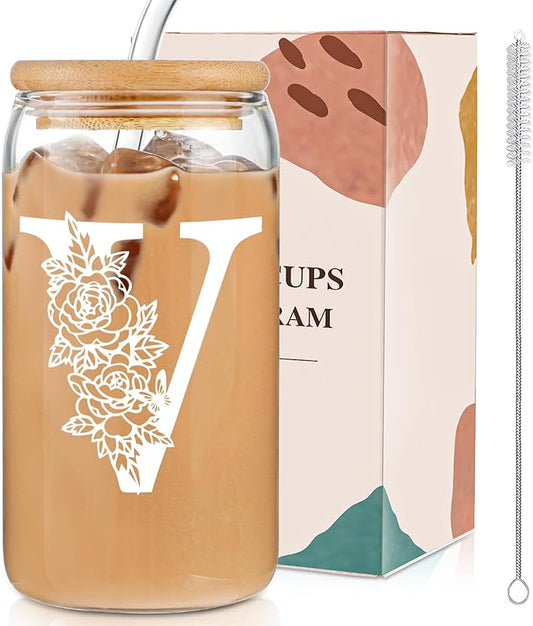 DWTS DANWEITESI Birthday Gifts for Women: Initial Glass Cup as Office Graduation Memorial Holiday Personalized Gifts - for Husband Aunt Uncle Teen Boy Employee Coworkers Him and Her - V Aesthetic Cup