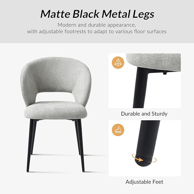 Contemporary Dining Chairs with Armrests – Ergonomic Soft-Padded Seat, Curved Backrest, Matte Black Metal Legs, Comfortable Kitchen & Dining Room Chairs, Set of 2
