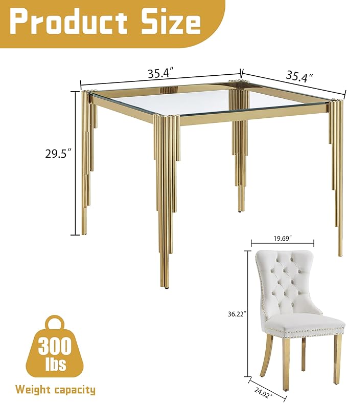 5 Piece Glass Dining Table Set, 35" Square Glass Kitchen Table with 4 White Velvet Upholstered Chairs, Gold Dining Table for 4 with Chairs Set for Kitchen, Living Room