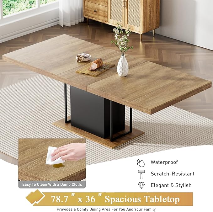 Goujxcy 78.7" Farmhouse Extendable Dining Room Table Set for 4, 5-Piece Rectangle Kitchen Dining Room Table Set with Wood Base and 4 Grey Velvet Dining Chairs, Extending Kitchen & Dining Table Set