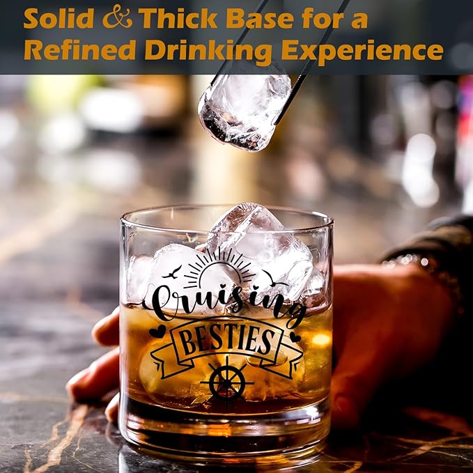 Cruise Lovers Gifts Old Fashioned Whiskey Glasses, Cruising Gifts for BFF Bestie, Cruising Besties 10 oz Rocks Barware Cup for Cocktail Drinks Scotch Bourbon Liquor