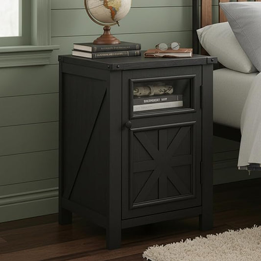 Nightstand with Charging Station, 18" Farmhouse End Table with Barn Door & Adjustable Shelf, Wood Sofa Side Table with 3-Tier Storage for Living Room, Bedroom, Black