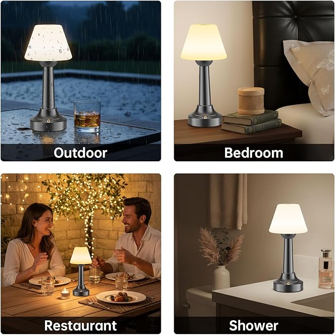 Cordless Table Lamp, Rechargeable Touch LED Lamp with 3 Color Temps & Stepless Dimming, Portable Battery Operated Light for Bathroom, Shower, Bedroom, Patio, Indoor/Outdoor Use, IP65 Waterproof