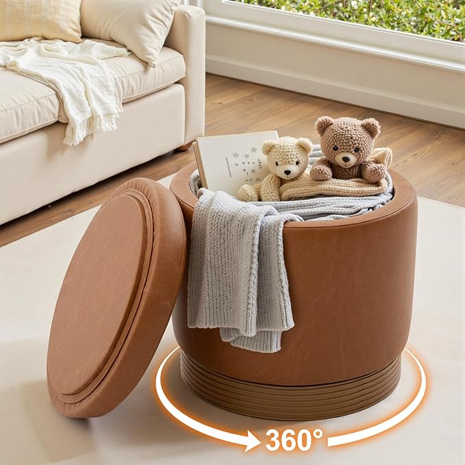Round Storage Ottoman,Swivel Vanity Stool-Leather Foot Rest,Upholstered Footstool Pouf with Sturdy Acacia Wood Frame(500 lbs),Small Coffee Table & Hidden Storage Ottoman for Living Room