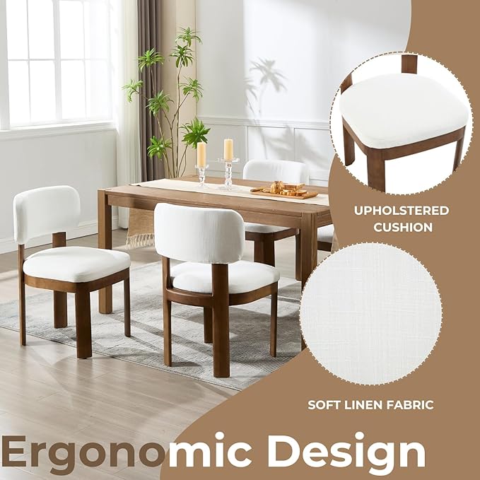 Beige Dining Chairs Set of 4 Mid Century Modern Upholstered Dining Room Chairs with Curved Backrest and Wooden Legs for Kitchen Island, Dining Room