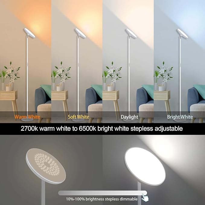 Bright Floor Lamp,42W 3700LM LED Torchiere Floor Lamps for Living Room, 71in. Modern Tall Standing Light with Remote,Color & Brightness Dimmable Sky Light,1/2/3H Timer for Bedroom,Office(White)