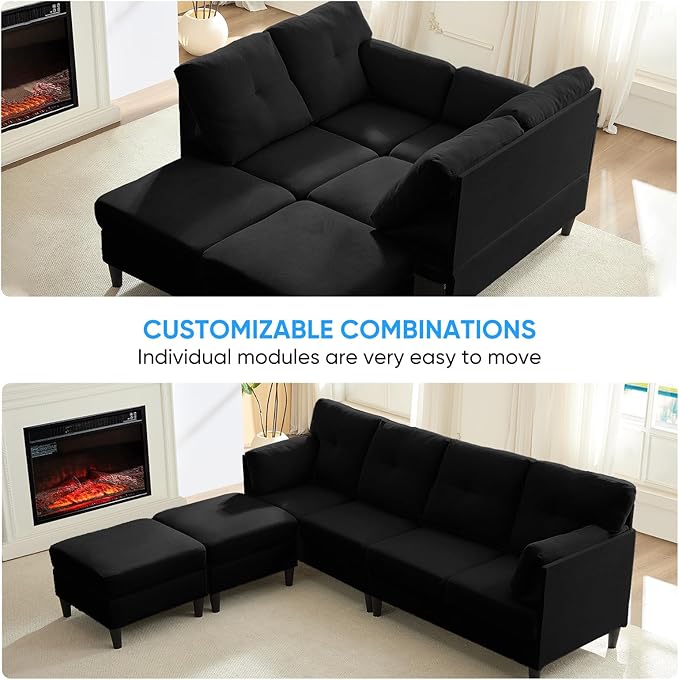 PUREMIND Sectional Couches for Living Room, Modern Snow Velvet U-Shaped Sofa Couch with Double Chaise, Upholstered 4 Seater Home Sofa for Living Room, Apartment, Office, Black