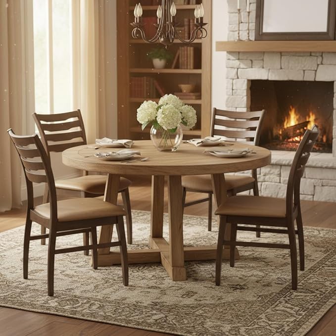 DUOMAY Farmhouse Dining Chairs Set of 4, PU Brown Upholstered Side Chairs Solid Wood Ladder Back Kitchen Chairs for Home Dining Room, Walnut Frame