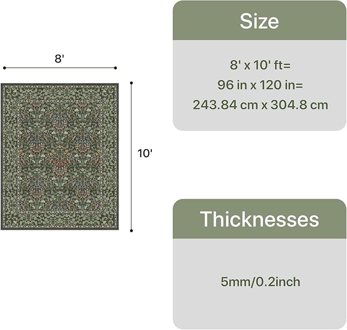 GENIMO Large 8x10 Area Rug for Living Room, Boho Floral Vintage Non-Slip Carpet, Soft Low-Pile Lightweight Indoor Rug, Stain Resistant Thin Rug for Bedroom, Dining Room, Nursery, Emerald Green