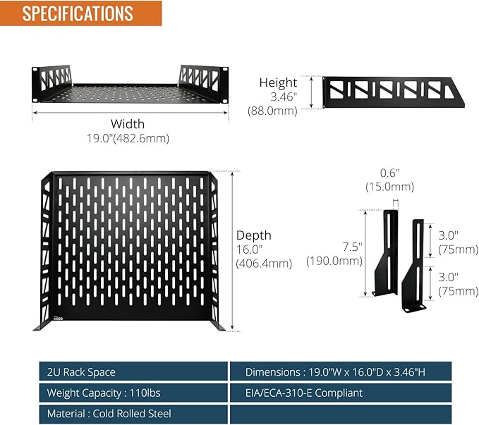 Tecmojo 2U Rack Shelf,19 inch Server Rack Shelf 16 inch Depth,Weight Capacity 110Lbs/50kg,Rack Mount Shelf for 19" Network Racks & Cabinets,with Complete Accessories (2Pack)