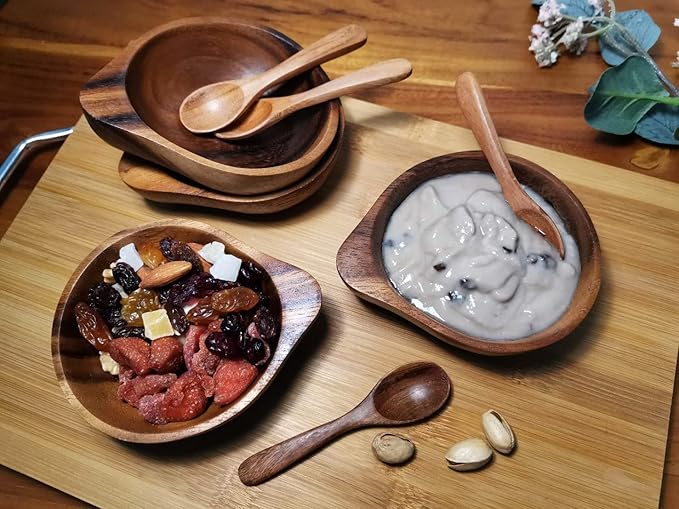 3¾" mini Acacia Wood Bowl with Tip-Supported Holding in small size for Condiments, Dip Sauce, Nuts, Candy, Fruits, Appetizer, and Snacks, Dia 3¾"x 1½" H - Set of 4 (FREE 4 Wood Spoons)
