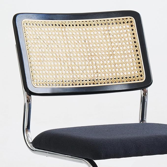 Black Chrome Rattan Dining Chairs Set of 4,Wooden Mid-Century Modern Kitchen Chairs, Mesh Back Cane Dining Room Chair, Cesca Design Chairs with Metal Chrome Legs
