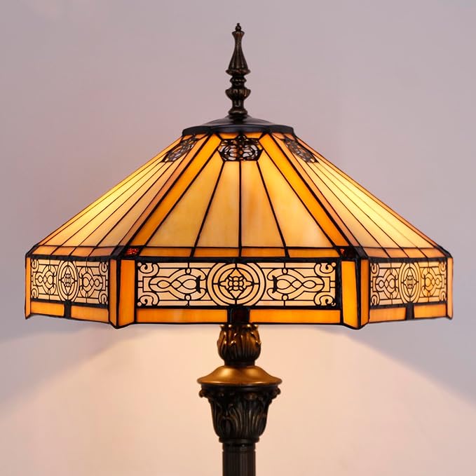 WERFACTORY Tiffany Floor Lamp Yellow Hexagon Stained Glass Mission Standing Reading Light 16X16X64 Inches Antique Pole Corner Lamp Decor Bedroom Living Room Home Office S011 Series