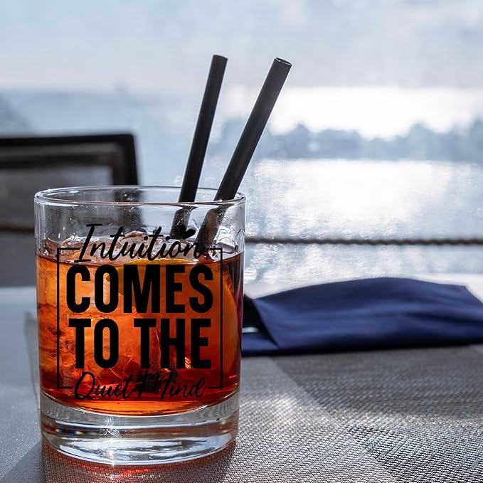 Inspirational Mindfulness Gifts Old Fashioned Whiskey Glasses, Meditation Yoga Lovers Gifts, Intuition Leads to the Quiet Mind 10 oz Rocks Barware Cup for Cocktail Drinks Scotch Bourbon Liquor