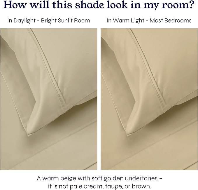 California Design Den Queen Sheet Set - Soft 400 Thread Count Sateen, Natural 100% Cotton Sheets with Deep Pockets, Cooling and Durable Bedding Set - Beige (Golden Tone)