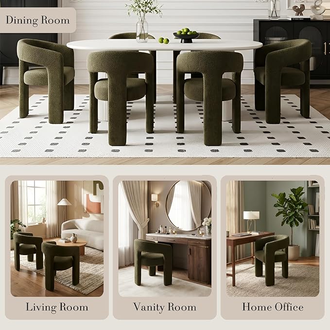 Modern Sherpa Dining Chairs Set of 4, Upholstered Barrel Chairs with Arms Comfy Accent Side Chairs for Living Room/Dining Room/Reception, Green