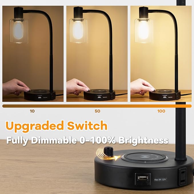 Industrial Table Lamp with Wireless Charing, Fully Stepless Dimmable Lamps Nightstand Lamps, Desk Lamp with Glass Shade Reading Lamp for Office Living Room (Black 02)