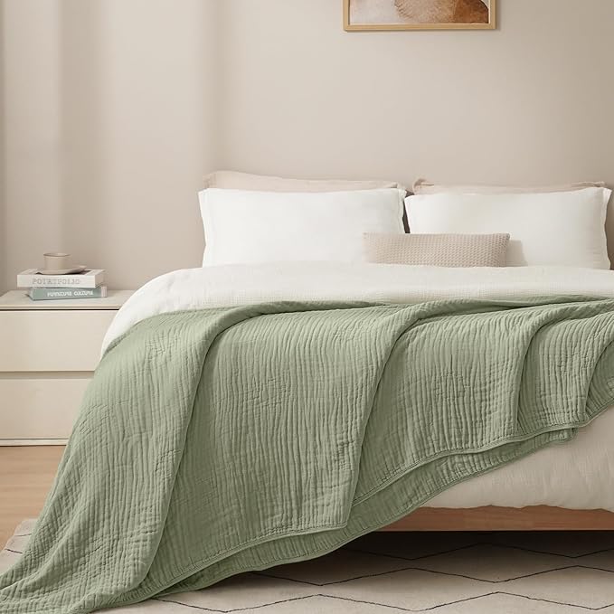 PHF Cooling Muslin Blanket Queen Size 90"x80", 6-Layer Lightweight Gauze Blanket Made from 35% Rayon Derived from Bamboo & 65% Cotton, Breathable & Ultra Soft Cozy, Aesthetic Home Decor, Tea