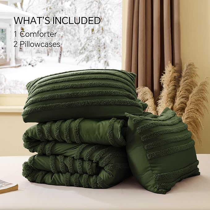 BEDELITE Boho King Size Comforter Set - Olive Green Tufted Striped Bed Set 3 Pieces, Soft Vintage Farmhouse Comforter for All Seasons, Boho Home Decor,Fluffy Jacquard Bedding with Pillow Sham