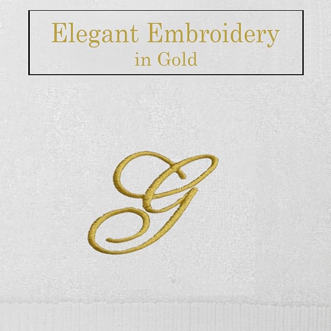 White Monogrammed Hand Towels for Bathroom - Luxury Hotel Quality Personalized Initial Embroidered Towel for Powder Room, Spa - GOTS Organic Certified - Set of 2 Gold Letter G