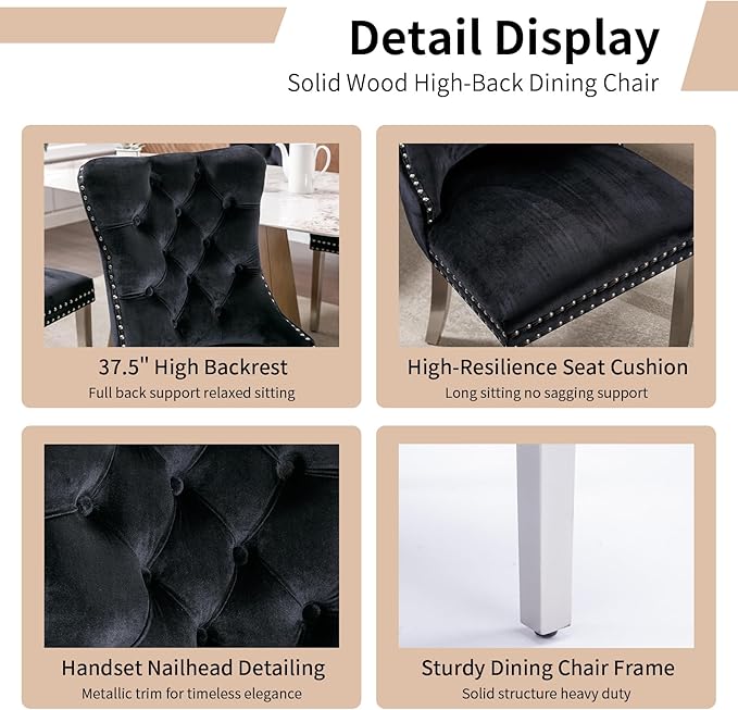 Luxury Upholstered Dining Chairs Set of 8, Black Kitchen Chair with Silver Metal Legs, Velvet Tufted Back Dining Chair, Sillas de Comedor, Modern Kitchen & Dining Room Chairs (Black, 8 Pcs)