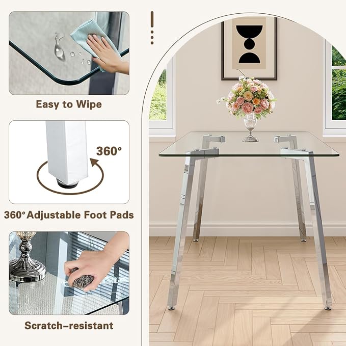 51“ Small Glass Dining Table Set for 4,0.31”Thick Tempered Glass Table Top with 4 Chrome Plate Metal Legs,4 PU Leather Dining Chairs,Modern Kitchen Dinner Room Table Set,for Kitchen Room