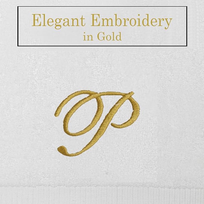 White Monogrammed Hand Towels for Bathroom - Luxury Hotel Quality Personalized Initial Embroidered Towel for Powder Room, Spa - GOTS Organic Certified - Pack of 2 Gold, Letter P
