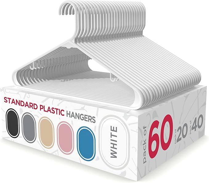 Sharpty Plastic Hangers Clothing Hangers Ideal for Everyday Standard Use (White, 60 Pack)