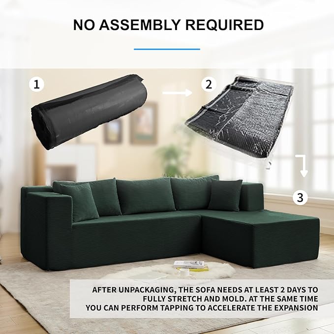 PUREMIND 106" Cloud Sectional Couch for Living Room, Corduroy L Shape Sofa with Deep Seat, Modern Green Couches Modular Boneless Foam Couch Corner Couches, No Assembly Required
