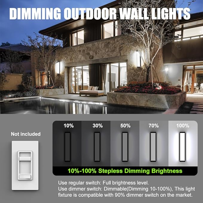 Sytmhoe 10%-100% Dimming LED Modern Outdoor Wall Light, 23.6in 6000K Dimmable Porch & Patio Wall Light Fixture,Black Aluminum&Dual PC Wall Lights Suitable for Garage Living Room Courtyard House(6000K)