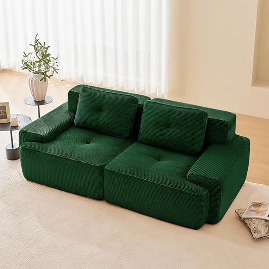80" Modern Corduroy Boneless Love Seat Couches, 2 Seater Large Sectional Couches for Living Room, Green Cloud Modular Sectional Sofa, Memory Foam, Extra Deep Loveseat, No Assembly