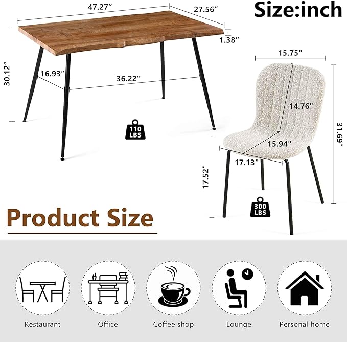 Dining Table Set for 4, Modern Kitchen Table Set and Chairs, 47" Rectangular Dining Table with 4 Mid-Century Dining Chairs Upholstered Boucle Room Chairs fpr Dining Room, Apartment