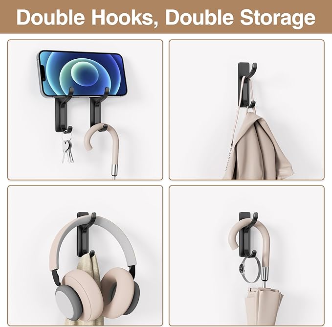 pickpiff Adhesive Wall Coat Hooks - Heavy Duty Stick-On Door Hanger, Metal Hook for Hanging Towel,Purse, Robe, Backpack, Jacket, Clothes - for Bathroom,Dorm, Closet, Kitchen - Black, 2 Pack