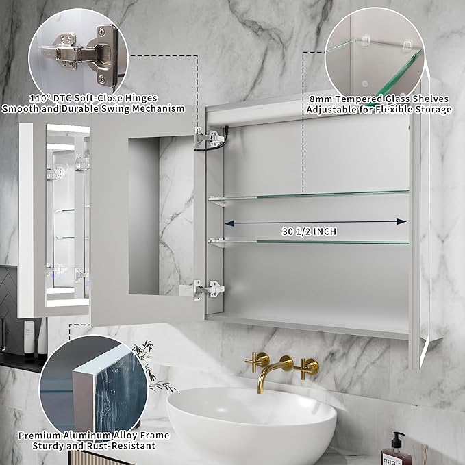 GroGro LED Lighted Bathroom Medicine Cabinet with Mirror,48" W x 30" H Medicine Cabinet with Lights,Surface or Recessed Mounting,Defog,Dimming,3-Color Temperature Adjustment