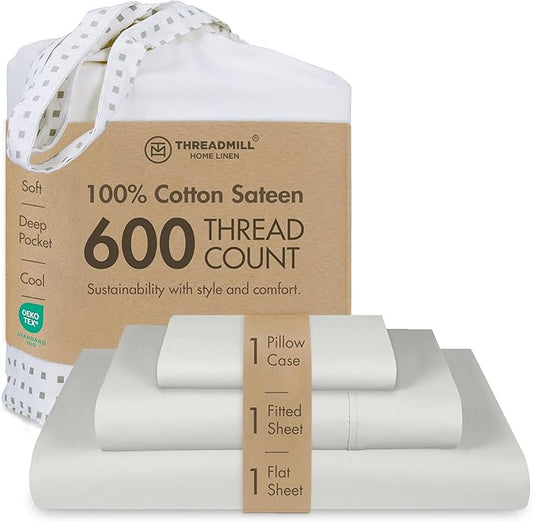 Threadmill 100% Cotton Sheets for Twin Size Bed - 600 Thread Count Twin Bed Sheets Set with 15” Deep Pocket - Sateen Weave 3-Piece Bedding Set with Cooling Effect, Light Grey