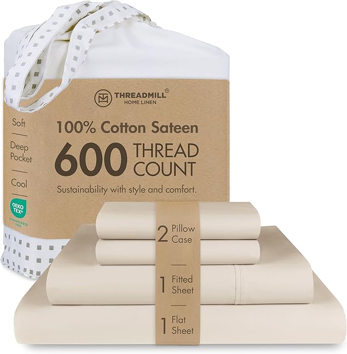 Threadmill 100% Cotton Sheets for Full Size Bed - 600 Thread Count Full Bed Sheets Set with 16” Deep Pocket - Sateen Weave 4-Piece Bedding Set with Cooling Effect, Beige