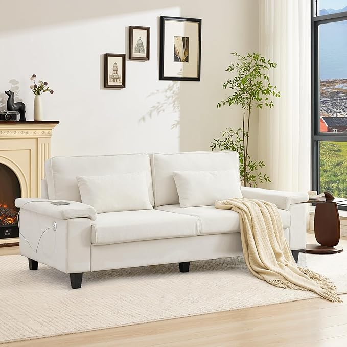 3 Seater Couch for Living Room, 79'' Comfy Deep Seat Sofa with Adjustable Armrests & USB/Type-C Charging Ports, Mid Century Modern Couch for Bedroom, Home Office, White