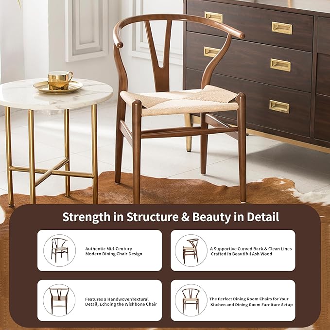 Tomile Wishbone Chair Y Chair, Wooden Dining Chairs Set of 2, Mid Century Modern Chairs with Arms, Solid Wood Weave Seat Kitchen & Dining Room Chairs (Ash Wood - Walnut Color)