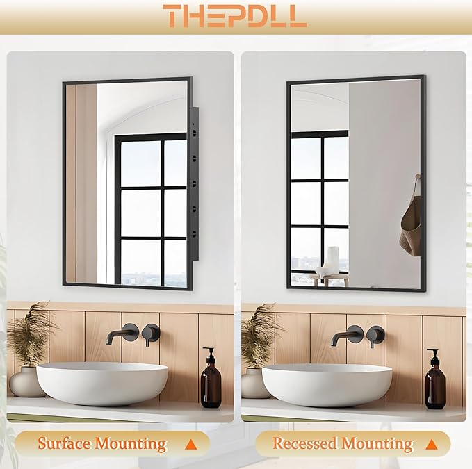 Recessed Medicine Cabinet with Mirror 16x20 inch, Mirrored Medicine Cabinets for Bathroom, Black Bathroom Mirror with Storage, Metal Medicine Cabinet with Mirror, 2 Adjustable Metal Shelves