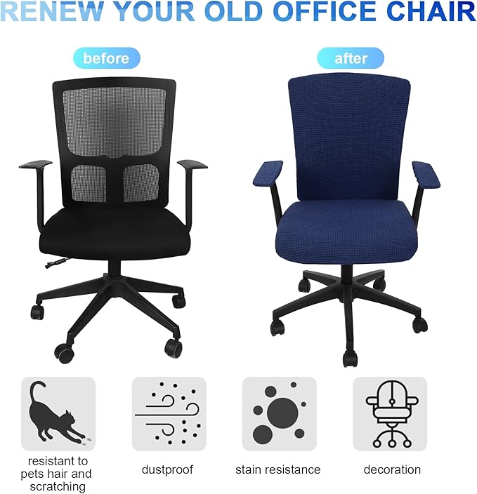 Tallew 4 Pcs Office Chair Covers Set Computer Universal Protective Stretchable Chair Seat Covers Desk Armrest Slipcovers Pads Office Cushion Backrest for Rotating (XL,Navy)