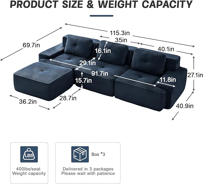 115.3'' Sectional Sofa, 32D Foam Corduroy Boneless Couch with Pillow, Deep Seat Wide Arm Sectional L Shaped Couch for Living Room, Apartment, Bedroom