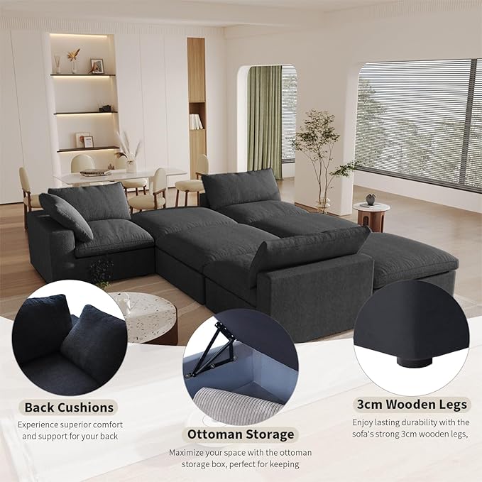 WJShome Cloud Modular Sectional Couch, 120.45" Convertible Couch - 3 Seater for Living Room, Minimalist Deep Sofa, Washable & Replaceable Sofa Covers (Black)