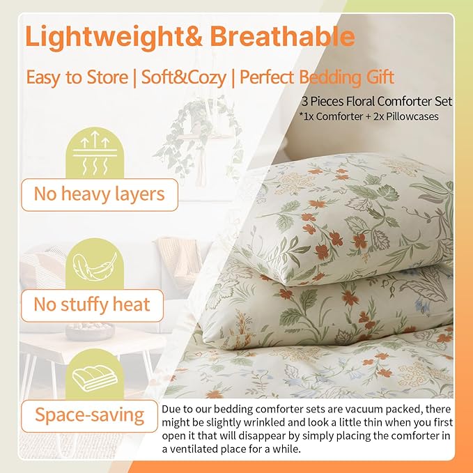 EAVD Vintage Style Garden Floral Comforter Set Full White Microfiber Chic Floral Leaves Cottagecore Bedding Set with 2 Pillowcases Reversible Botanical Aesthetic Comforter for All-Season