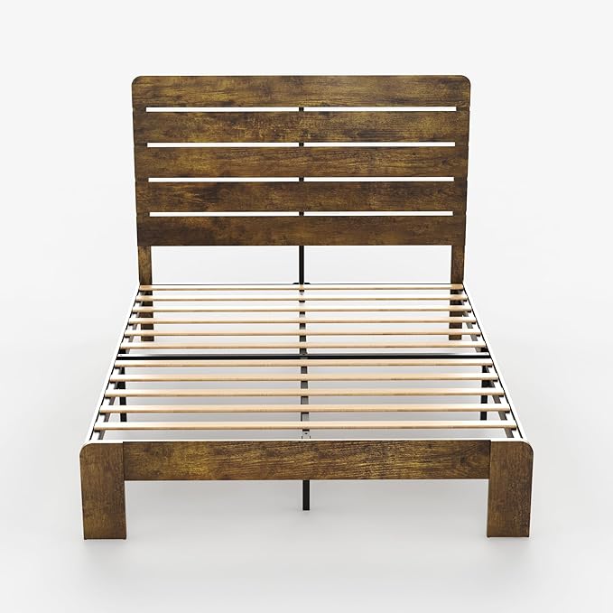 Queen Size Bed Frame with Wooden Headboard and Footboard, Rustic Platform Bedframe, Wood Slats Support, No Box Spring Needed, Under Bed Storage, Easy Assembly, Brown