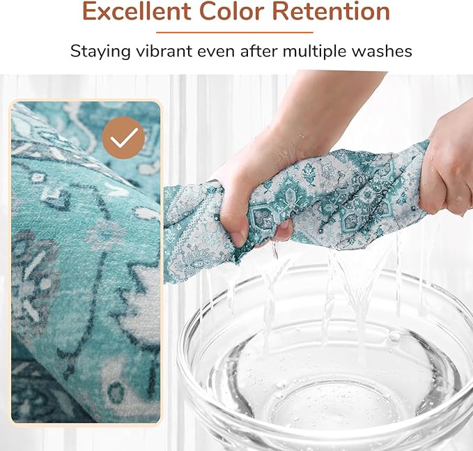 OPPODREAM Thin Area Rugs 5x7, 5x7 Washable Rug with Non Slip Backing, 5 x 7 Faux Cashmere Low-Pile Carpet, Teal & Turquoise & Cream