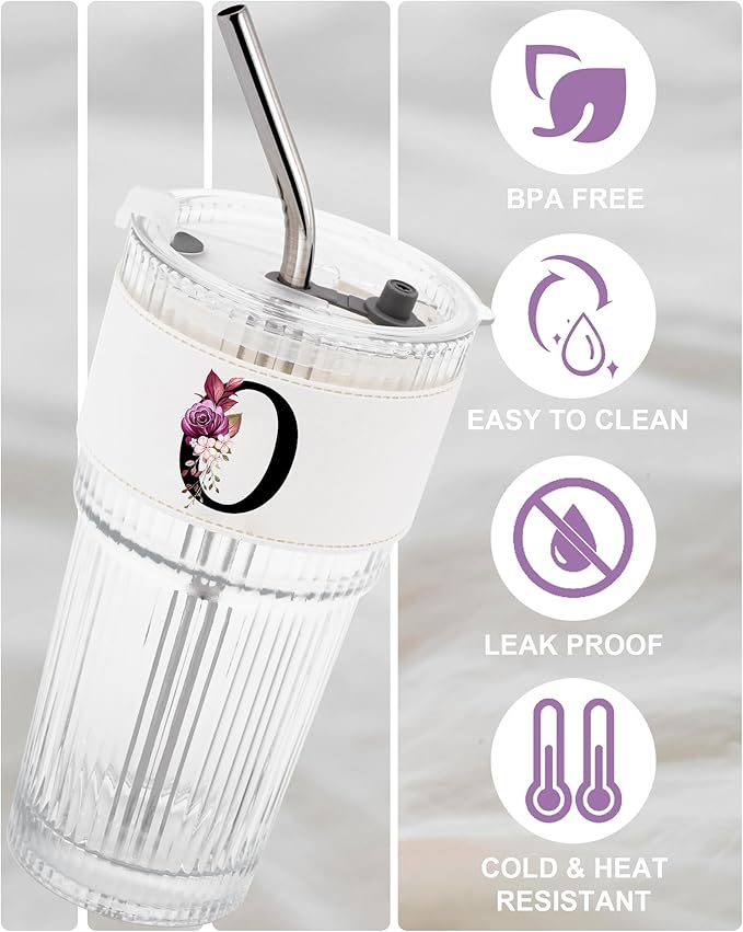 MNZZ Monogram Glass Cup with Lid Straw Ribbed Ice Tea Coffee Clear Tumbler Matcha Latte Women Funny Cute Hostess Graduation Social Deployment Cheerleader Chaos Coordinator Doctor Pastor Wife Gifts O