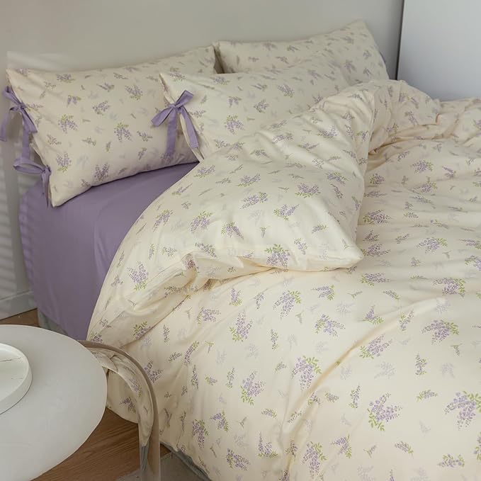 Purple Flower Duvet Cover Full 3 Pieces Girls Cottagecore Bedding Set 100% Cotton Lavender Flower Comforter Cover Floral Botanical Duvet Cover with Zipper Closure Vintage Country Bedding Set Full