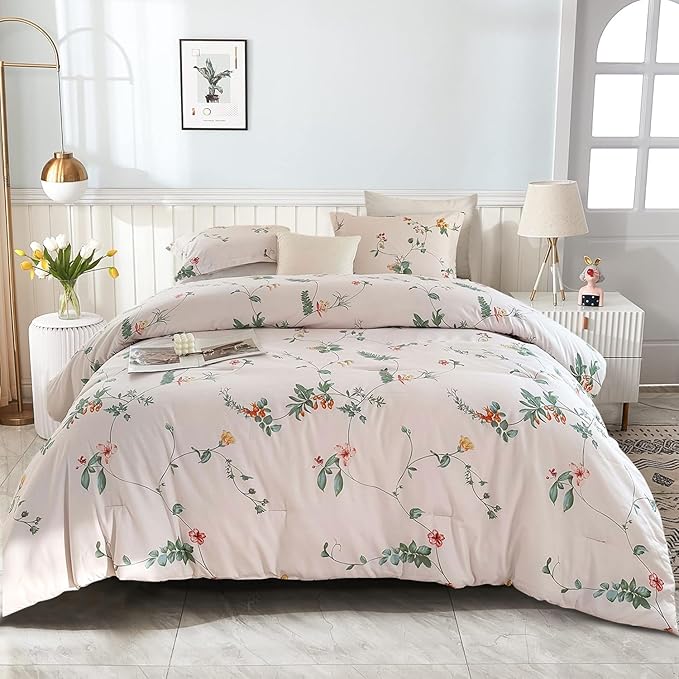 EAVD Garden Floral Comforter Set Queen Vintage Chic Botanical Floral Leaves Patten Aesthetic Comforter Soft Washed Microfiber Bedding Comforter Set 1 Comforter and 2 Pillowcases