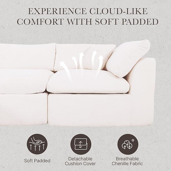 Cloud Modular Sectional Sofa Couch,110” L Sofa with Wide Armrest, Modern High-Density Sponge Compressed Sofa Couch for Living Room, Bedroom,No Assembly Needed (White, 3 Seats+1 Ottoman)